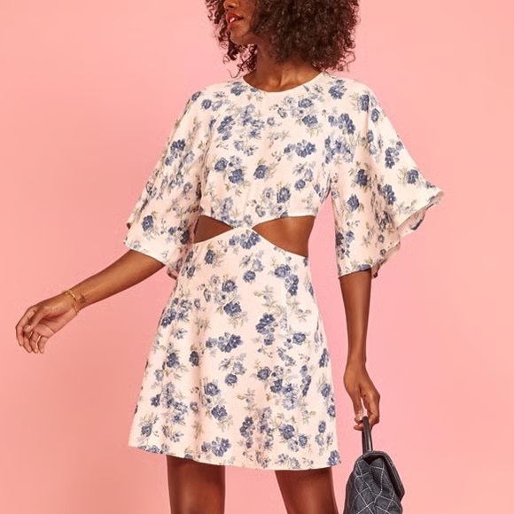 Reformation Lenni Floral White And Blue Cutout Mini Dress - Picture 1 of 7